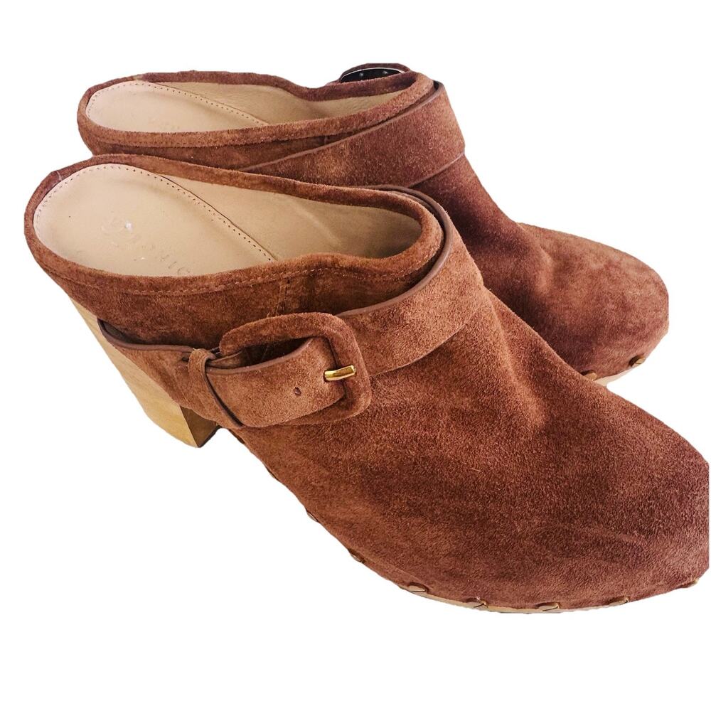 New Veronica Beard Dacey Brown Suede Studded Buckle Mule Platform Clogs 9.5